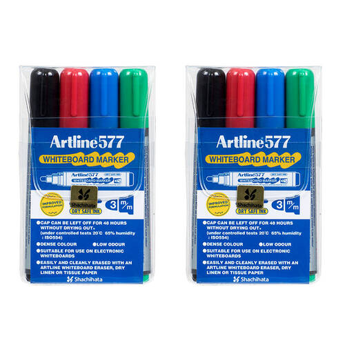 2x 4pc Artline 577 Whiteboard Marker Assorted Colours