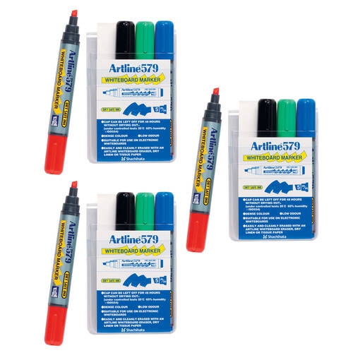 3x 4pc Artline 579 Whiteboard Marker Assorted Colours