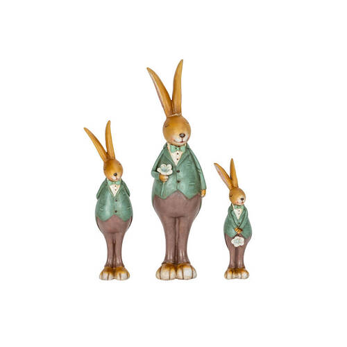 3pc A.FRESCO Resin Rabbit In Green Jacket Family Figures Set