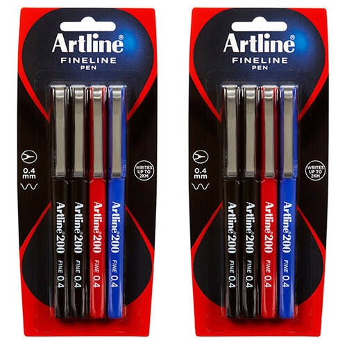 2x 4pc Artline Fineline 0.4mm Assorted Pens