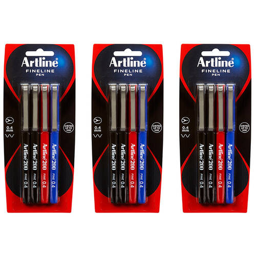 3x 4pc Artline Fineline 0.4mm Assorted Pens