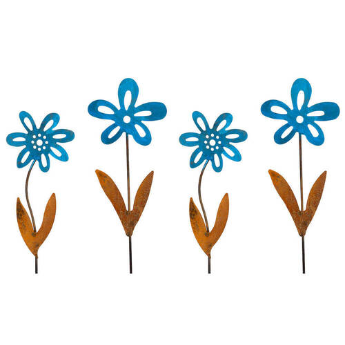 4PK Forget Me Not Stake Rusted Metal Flower Home Decor 50x16cm Blue  - Assorted