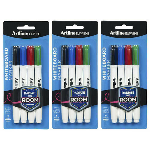 3x 4pc Artline Supreme Whiteboard Markers - Assorted Standard