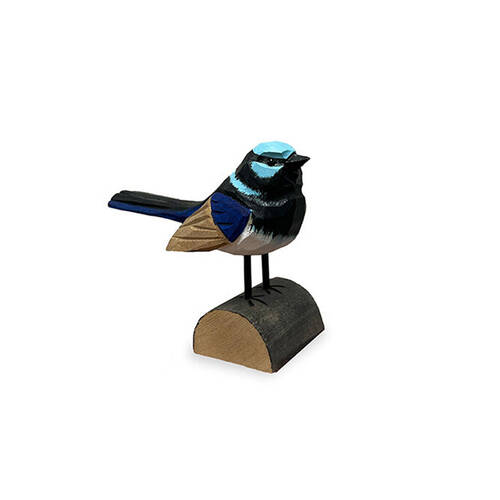 A.FRESCO Carved Timber Fairy Wren Wooden Bird Figurine 9.5x6.5cm