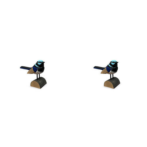 2PK A.FRESCO Carved Timber Fairy Wren Wooden Bird Figurine 9.5x6.5cm