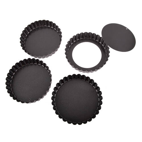 4pc Daily Bake Non-Stick Quiche Pan Loose Base 12x2.5cm Set - Black