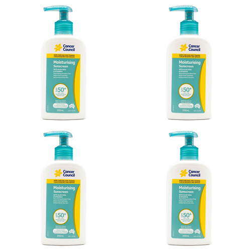 4PK Cancer Council 200ml Moisturising Sunscreen SPF50+ w/ Aloe Vera & Vitamin E