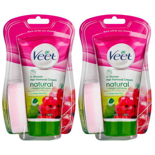 2PK Veet 150ml In Shower Hair Removal Cream Natural Inspirations With Grape Seed Oil