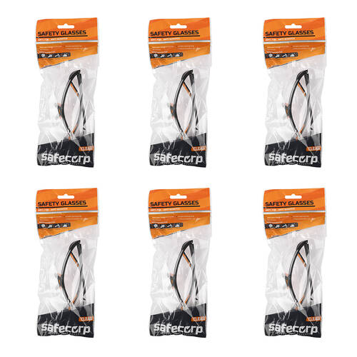 6PK Safecorp Clear PPE Safety Specs Glasses Anti Fog Anti Scratch Black/Orange