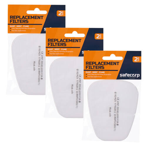 3PK Safecorp P2 Half Mask Respirator Replacement Filters 10.5x16cm - White