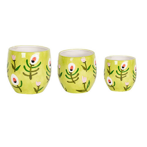 3pc Ceramic Flower Planter Pot Set 23/18/15cm Green/Pink