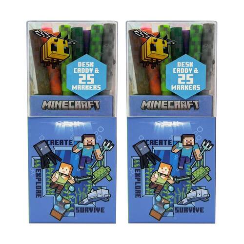 2PK Minecraft Theme Desk Caddy w/25 Colour Markers Kids Art/Craft Accessory