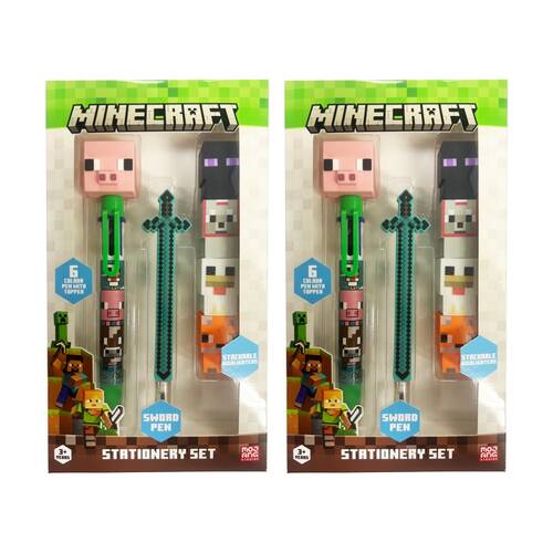 2PK Minecraft Theme Kids Stationery Set w/Pens & Highlighters Fun Gift 3y+