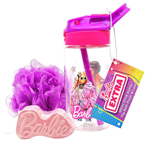 Disney Barbie Extra Range Drink Bottle Set 480ml Bath Fizzer 70g Loofah