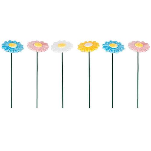 6PK Daisy Ceramic Stick Outdoor Decoration 30cm Multicoloured Assorted