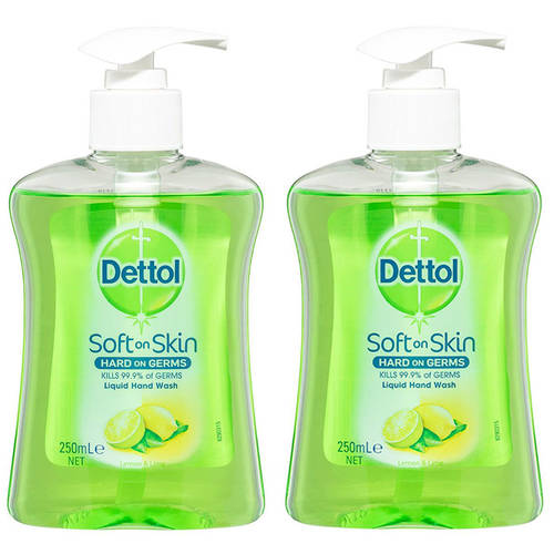 2x Dettol 250ml Liquid Soft on Skin Lemon & Lime Hand Wash Pump