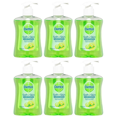 6x Dettol 250ml Liquid Soft on Skin Lemon & Lime Hand Wash Pump