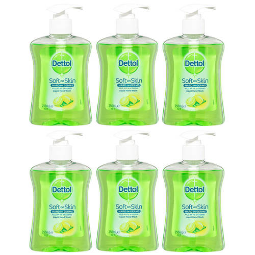 6x Dettol 250ml Liquid Soft on Skin Lemon & Lime Hand Wash Pump