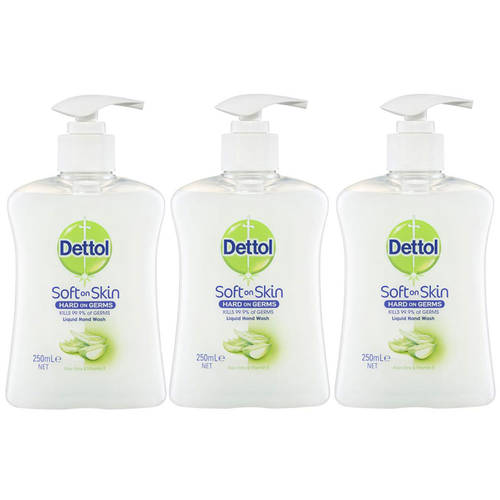 3pc Dettol 250ml Liquid Hand Wash Aloe Vera/Vitamin E w/ Pump