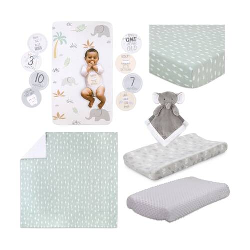7pc Little Haven Elephant Unisex Themed Baby Cot Bedding Bundle Green