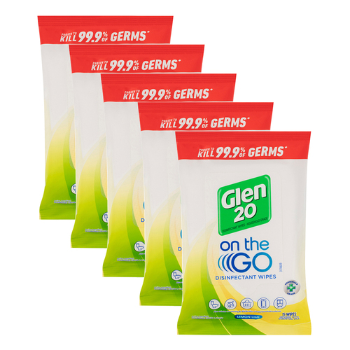 5PK Glen 20 On The Go Disinfectant 15 Wipes Lemon
