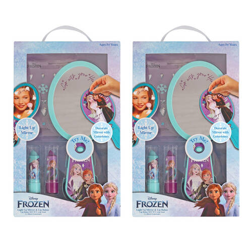 2PK Frozen Light Up Mirror w/ 2x Lip Balm & Sheet Gemstones Kids Vanity 5y+