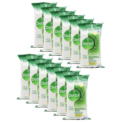 12x 90pc Dettol Multipurpose Antibacterial Wipes Zesty Citrus & Lemongrass
