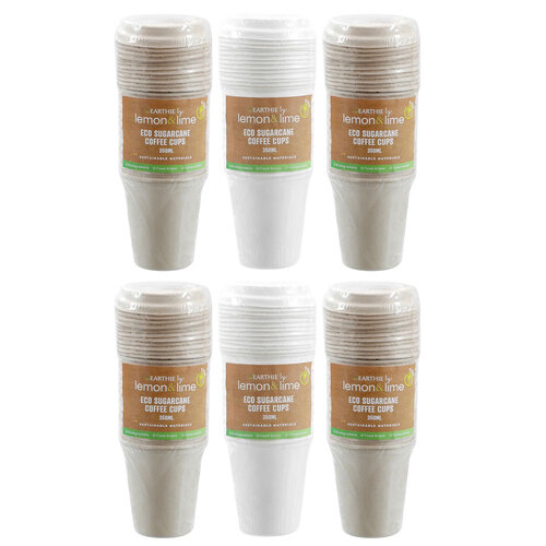 6x 12PK Lemon & Lime 350ml Eco Sugarcane Coffee Cup w/ Lid - Assorted