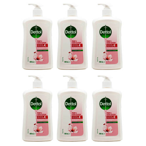 6PK Dettol Antibacterial Handwash 500ml Peony & Cherry Blossom Liquid Hand Soap