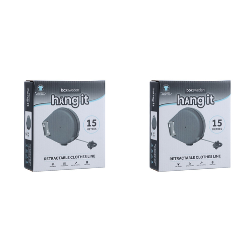 2x Boxsweden Hangit 15m Retractable Hanging Clothes Line - Grey