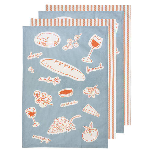 4pc Ladelle A Long Lunch Microfibre Kitchen Towel 45x65cm - Pale Blue