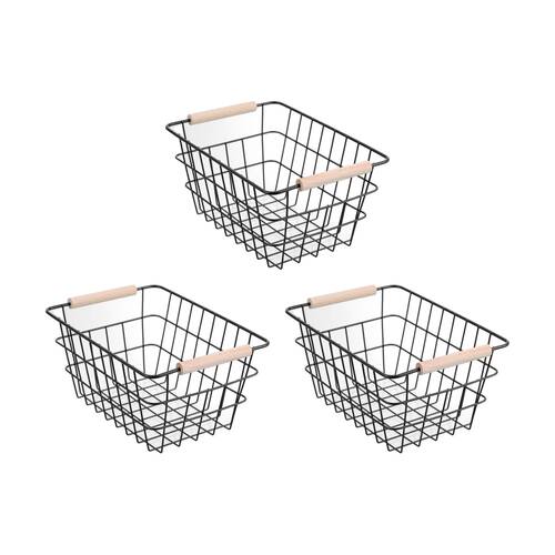 3PK Boxsweden Toska Wire Basket Beech Handle 24.5x18.5x12cm Durable Design Black