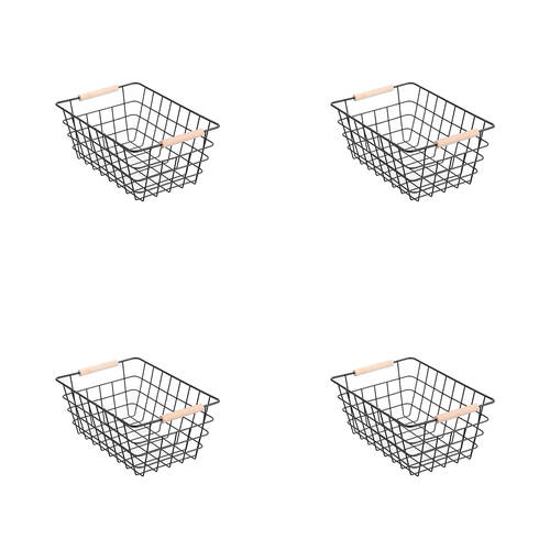 4PK Boxsweden Toska Wire Basket Beech Wood Handle Medium 30x22x13.5cm Black
