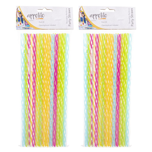 2x 24pc Appetito Reusable Rainbow Party Straw w/ Cleaning Brush