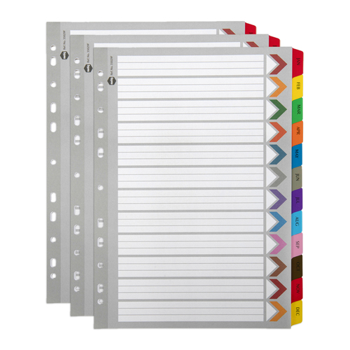 3PK Marbig Jan-Dec Tab Coloured A4 Ring Binder Plastic Divider Organiser
