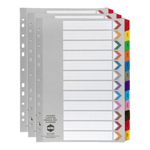 3PK Marbig Financial Year Tab Coloured A4 Ring Binder Plastic Divider Organiser