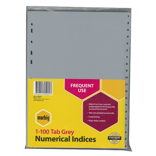 Marbig PP 1-100 Tab A4 Lever Arch/Binder Divider/Indices - Grey