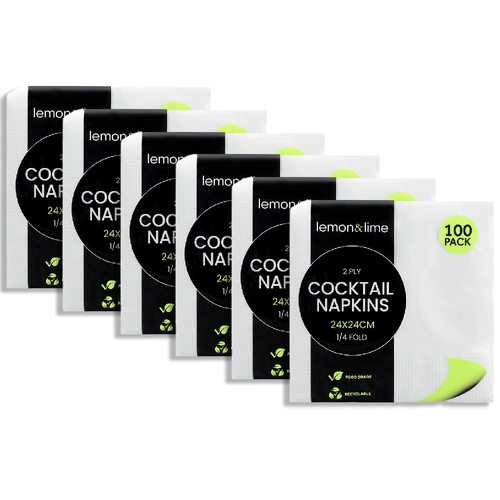 6x 100PK Lemon & Lime 24cm Cocktail 2-Ply Napkin - White