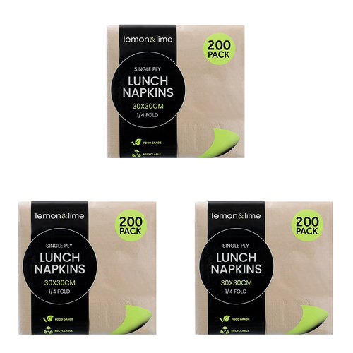 3x 200PK Lemon & Lime 30cm Lunch 1-Ply Napkin - Natural