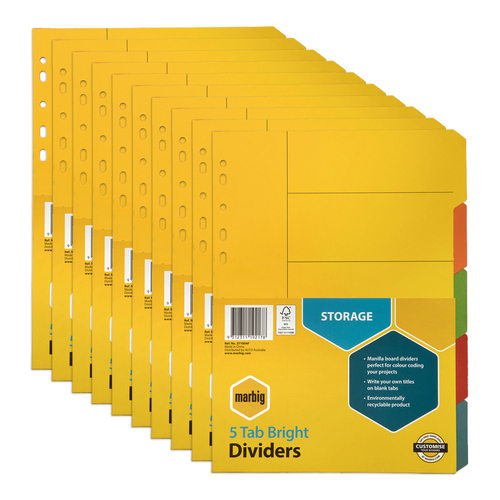 10PK Marbig Brights 5-Tab Manilla A4 Ring Binder Dividers