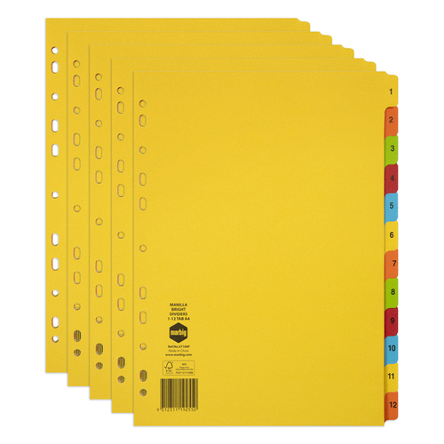 5PK Marbig Brights 1-12 Tab Manilla A4 Ring Binder Dividers