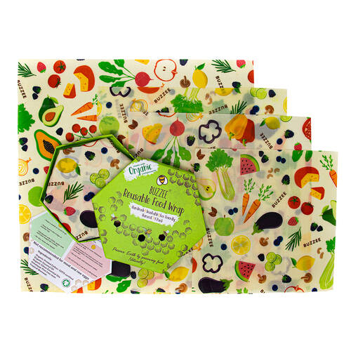 4pc Buzzee Organic Reusable Beeswax Wraps Washable Food Covers Harvest