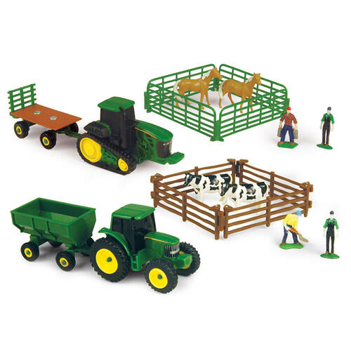 10pc Black White Cow Farm Set w/ 10pc Light Brown Horse Farm Set