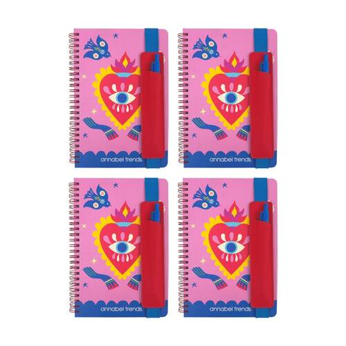 4PK Annabel Trends A5 160 Page Ruled Hard Cover Notebook W/ Spiral Binding Fiesta