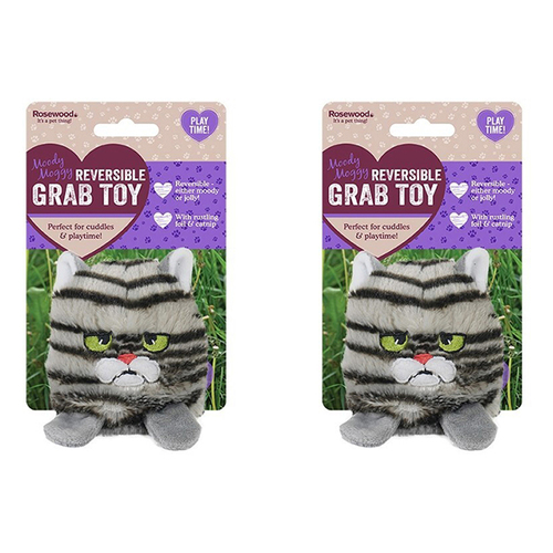 2x Rosewood Reversible Moody Moggy Grab Plush Cat Kitten Pet Toy - Grey