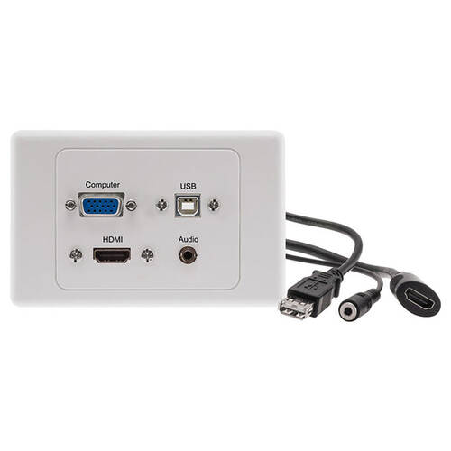 Pro2 USB-B 3.5mm Audio VGA HDMI Wall Plate Port Socket w/ Rear Cables White