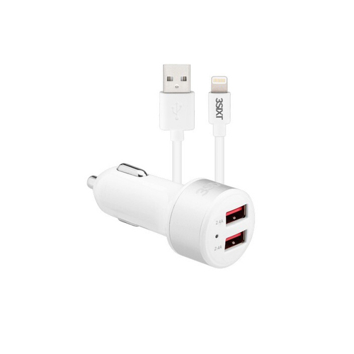 3sixT Car Charger 4.8A w/ Lightning MFI-Certified 1m Cable  For Apple iPhone - White