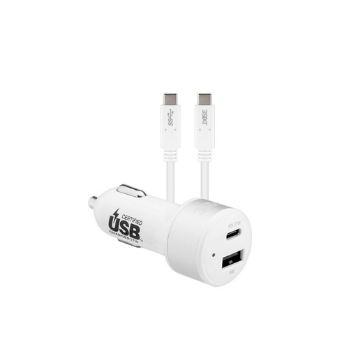 3sixT Dual USB-A/USB-C PD Car Charger w/ 1m Type C Cable - White