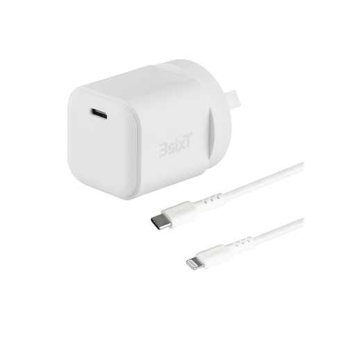 3sixT Wall Charger Adapter GaN 20W USB-C PD w/ Type-C to 8-Pin Cable White