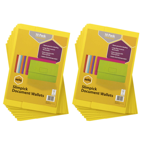 20pc Marbig Brights Slimpick Foolscap Document Wallet - Yellow